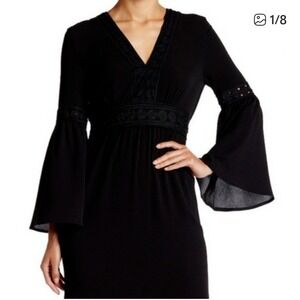 Romeo + Juliet Couture Black Lace Trim V-Neck Bell Sleeve Maxi Dress Medium Boho